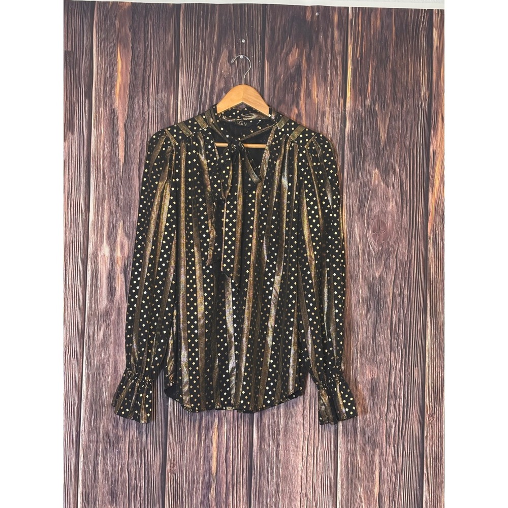 IMAN Blouse Womens M Black Gold Metallic Tie Neck Long Sleeve Ruffle Cuff Top